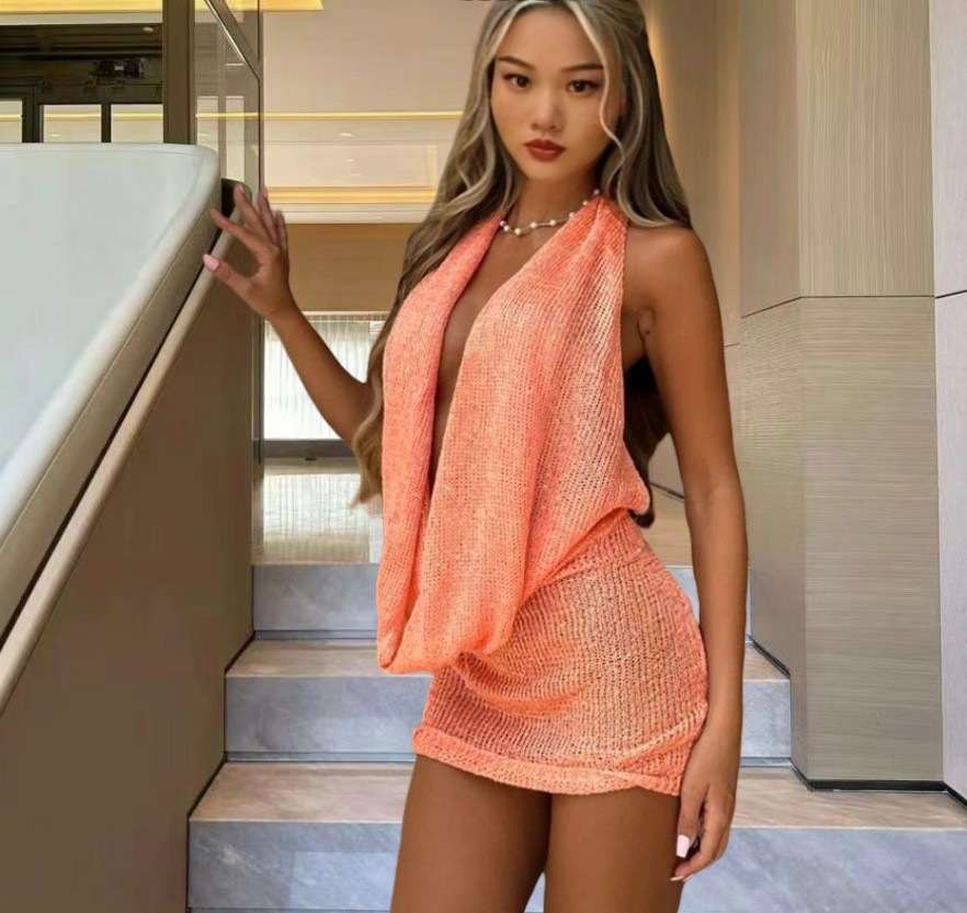 Textured Halter Dress with Deep V Neck - S, Orange image