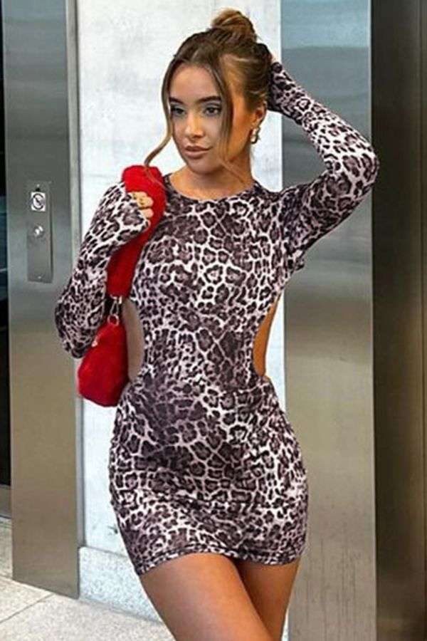 Animal Print Backless  Bodycon Mini Dress - S, Multi Brown image
