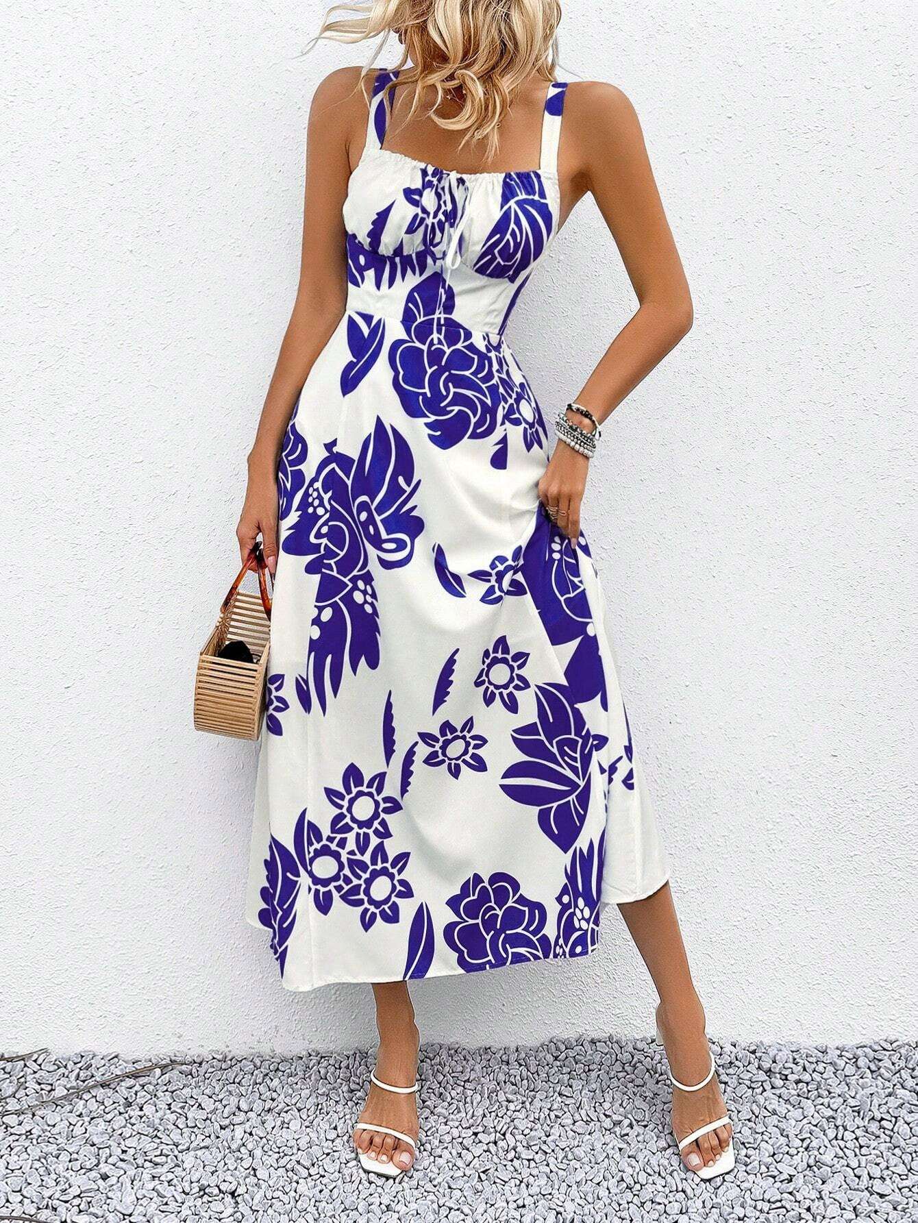 Floral Maxi Dress with Spaghetti Straps - M, Dark Blue image