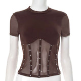Sheer Mesh Top with Detailing - S, Brown image