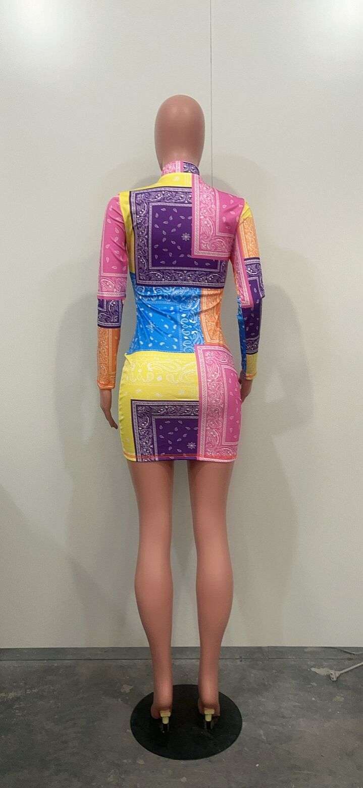 Womens Long Sleeve Zipper V Neck Printed Bodycon Dress image 3