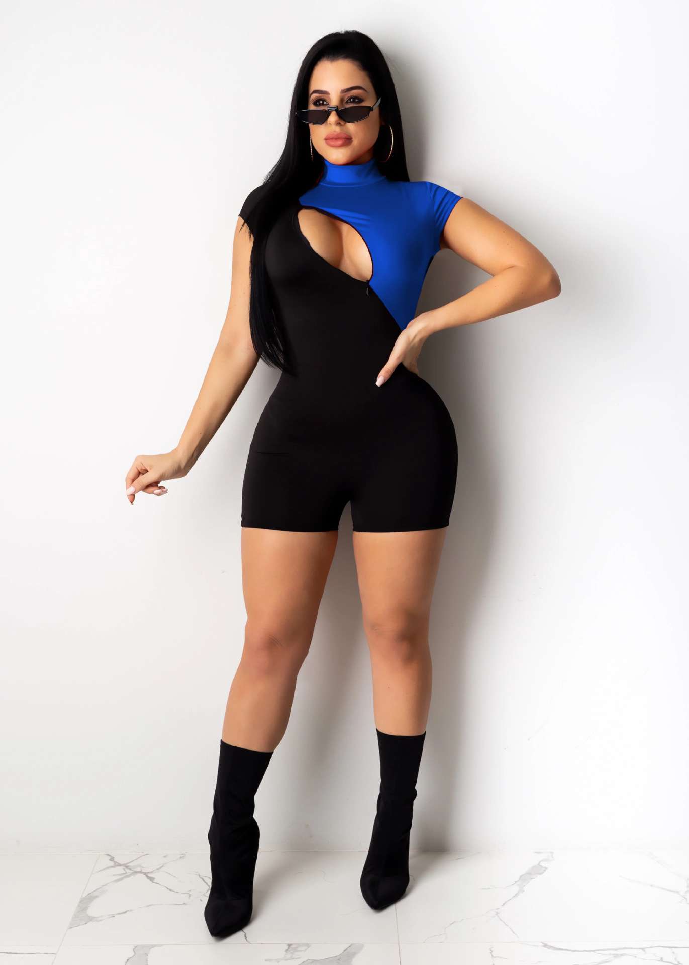 Asymmetrical Colorblock Bodycon Jumpsuit - M, Blue image