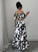 Leaf Print Off-Shoulder Maxi Dress image 3