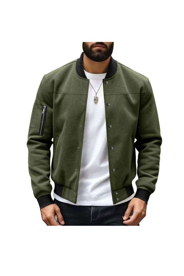 Stand Collar Zip Front Windbreaker Jacket - M, Amazon Green image