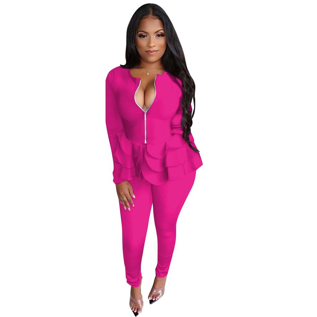 Tracksuit Zipper Jacket Bodycon Leggings - L, Rose Pink image