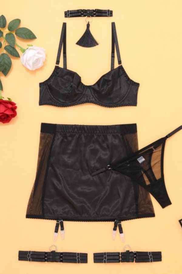 Sexy Sheer Patched Satin Mini Skirt 5pcs Lingerie Set image 6