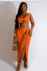 Women's Sexy 2 Piece Outfits Dress Sets Solid Color Camisole Bra Crop Top Pleated High Split Maxi Skirt image 0