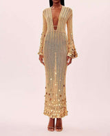 Metallic Maxi Dress with Deep V-Neck - S, Beige image
