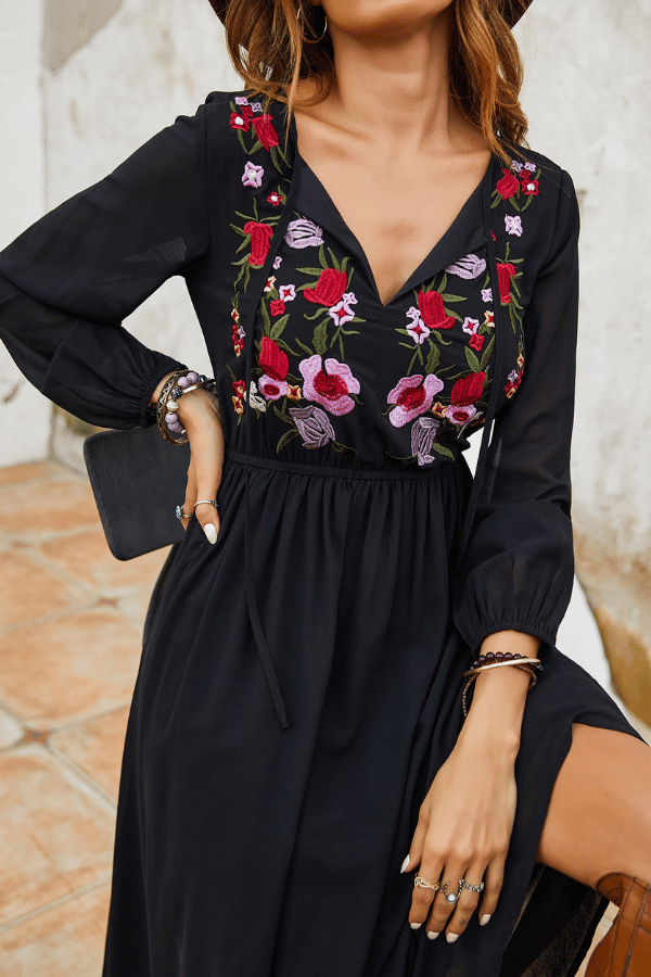 Floral Embroidery Black Dress image 3