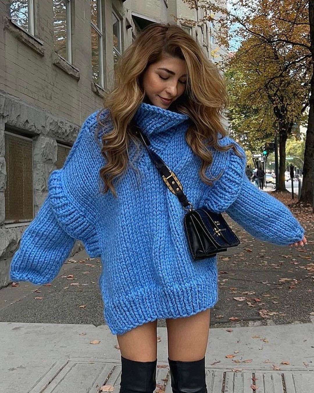 Casual Solid Turtleneck Sweaters - L, Blue image
