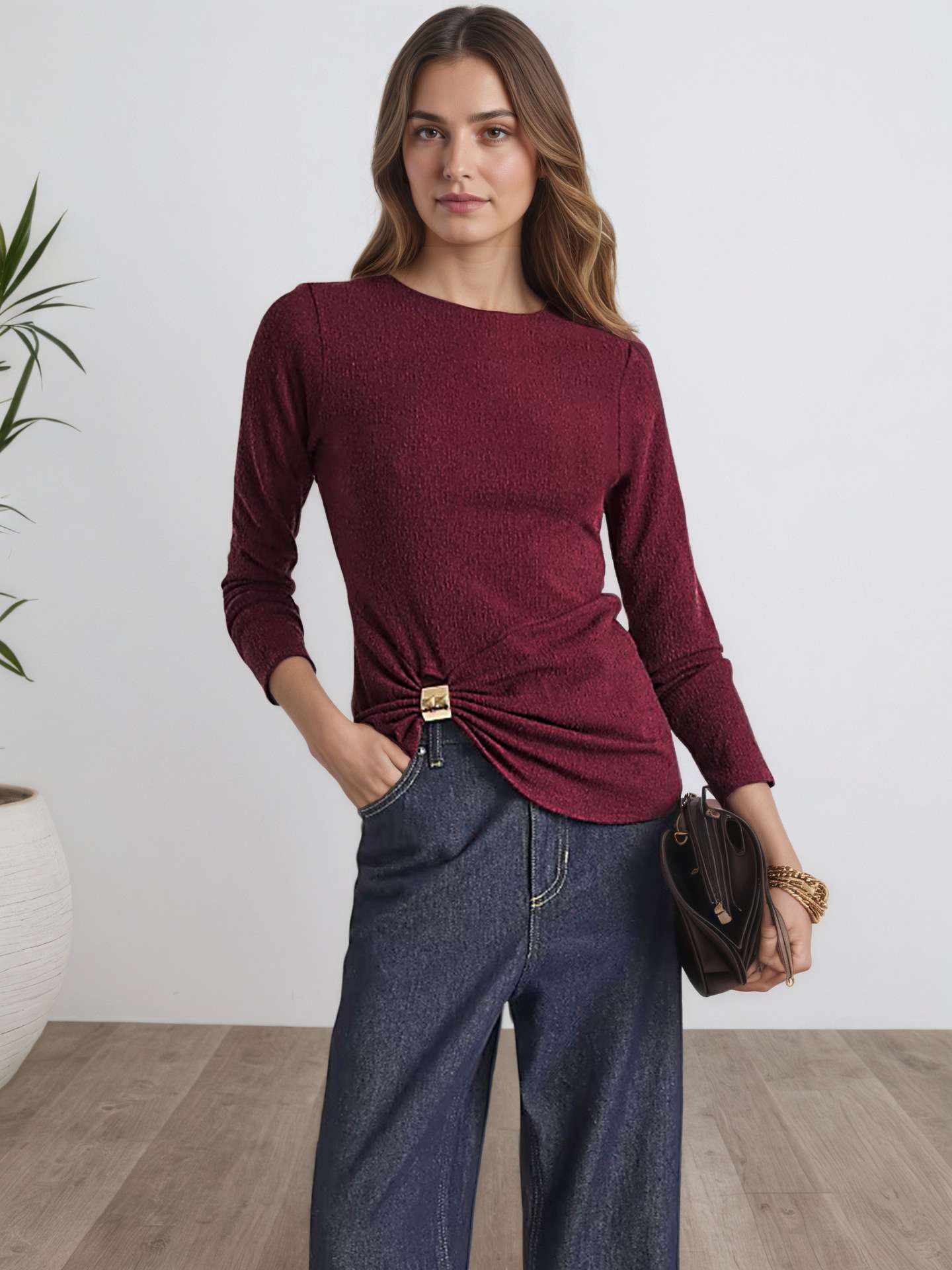 Textured Long Sleeve Top with Side Knot Detail image 1