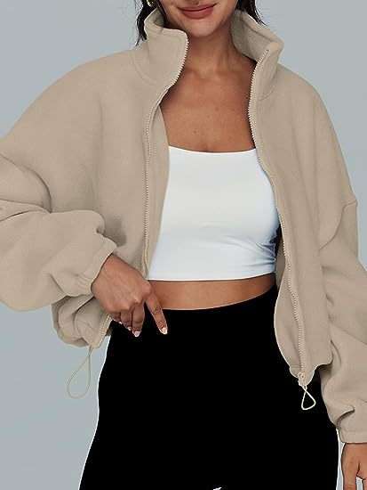 Stand Collar Oversized Zip-Up Sweatshirts - M, Light Fawn Beige image