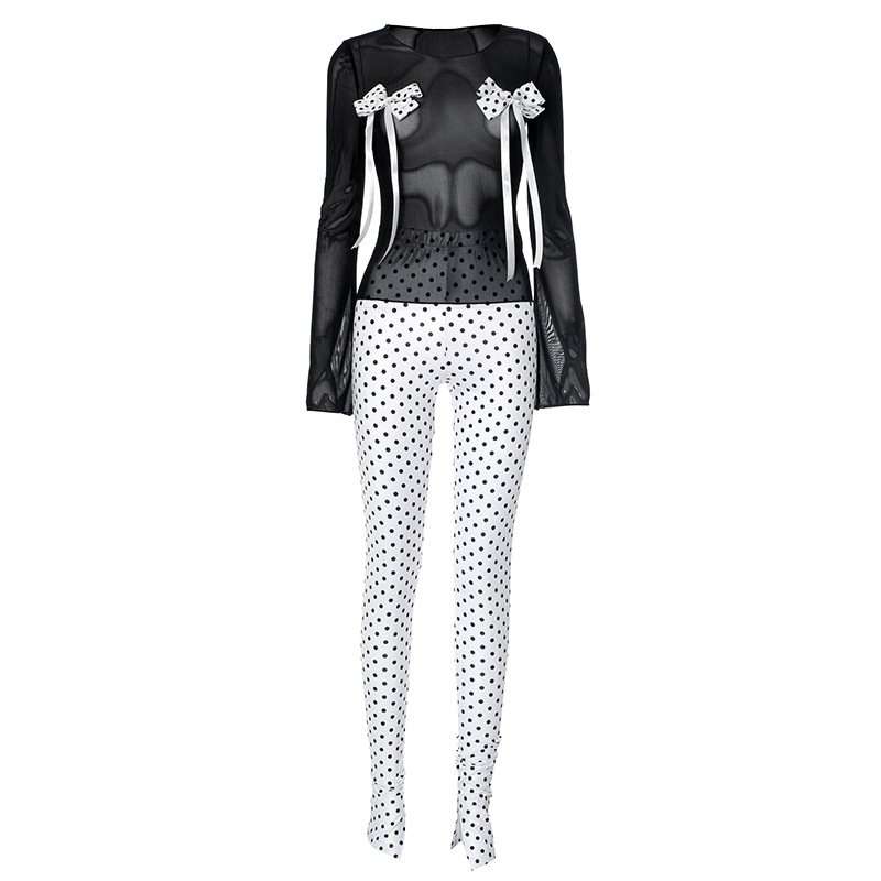 Bow Decor Long Sleeve Top And Pants Set image 2