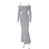 Off-Shoulder Crop Sweater & Long Skirt - S, Grey image
