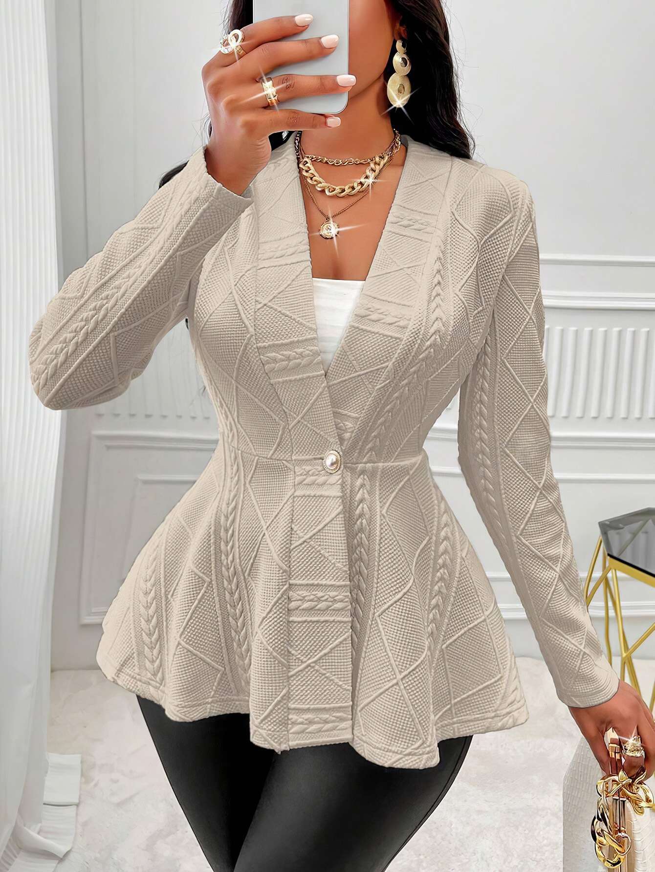 Single Button Textured Jacket - M, Beige image