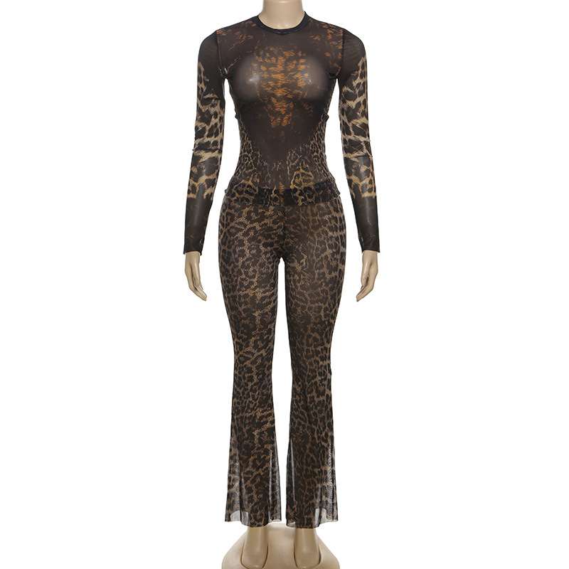 Casual Leopard Print Long Sleeve Flare Pants set image 4