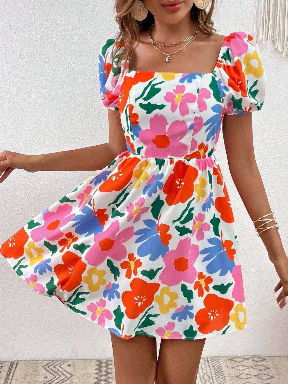 Floral Square Neck Dress with Puffed Sleeves image 1