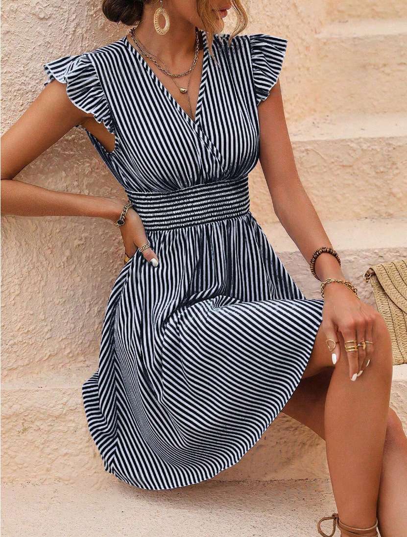 Striped Sleeveless Dress with Ruffled Shoulders - M, Black image