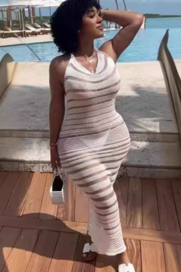 Sexy Mesh Patched Halter Neck Backless Knit Maxi Dress image 2