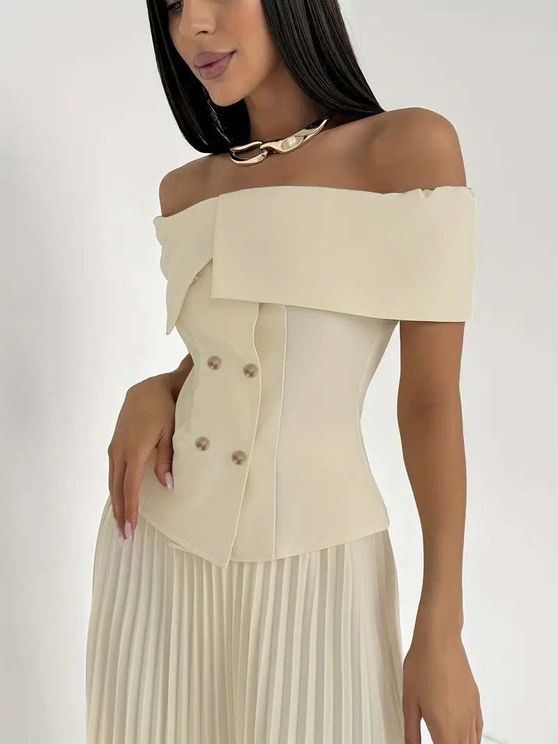 Off shoulder pleated blouse and skirt image 1