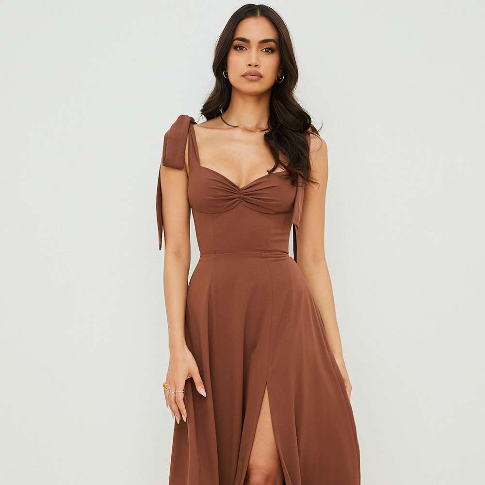 Sleeveless Maxi Dress with Slit Detail - L, Brown image