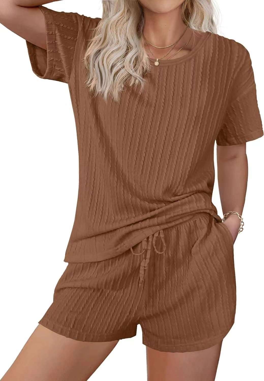 Textured Top & Drawstring Shorts Lounge Set - M, Brown image