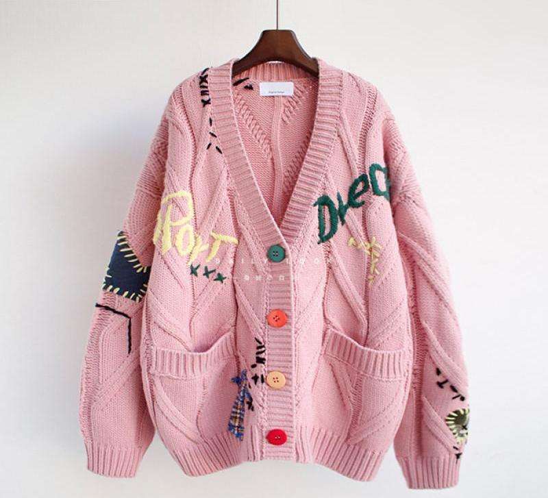 Embroidered Cable-Knit Cardigan Jacket - S, Pink image