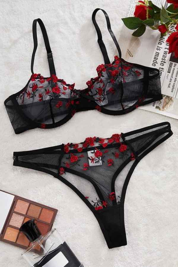 Sexy Lace Floral Embroidery Bra Underwear Two Piece Set image 2