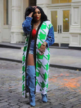 Stylish Color-Block Long Jacket - M, Green image