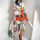 Summer Long Midi Dress with waist belt - XL, Multi White image