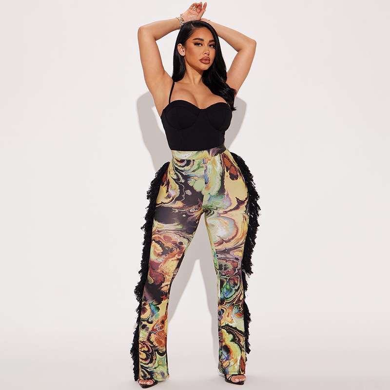 Abstract Print Wide-Leg Pants - L, Black image