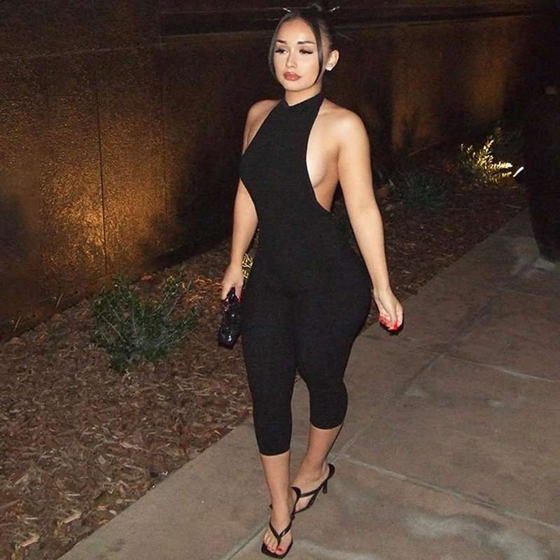 Sleek Black Halter Cut-Out Jumpsuit - S, Black image