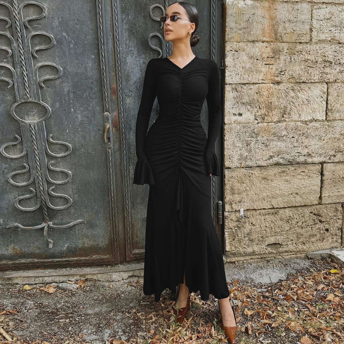 Detail Front Slit Maxi Dress - L, Black image