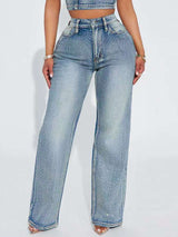 Rhinestone-Embellished Wide-Leg Jeans - S, Blue image