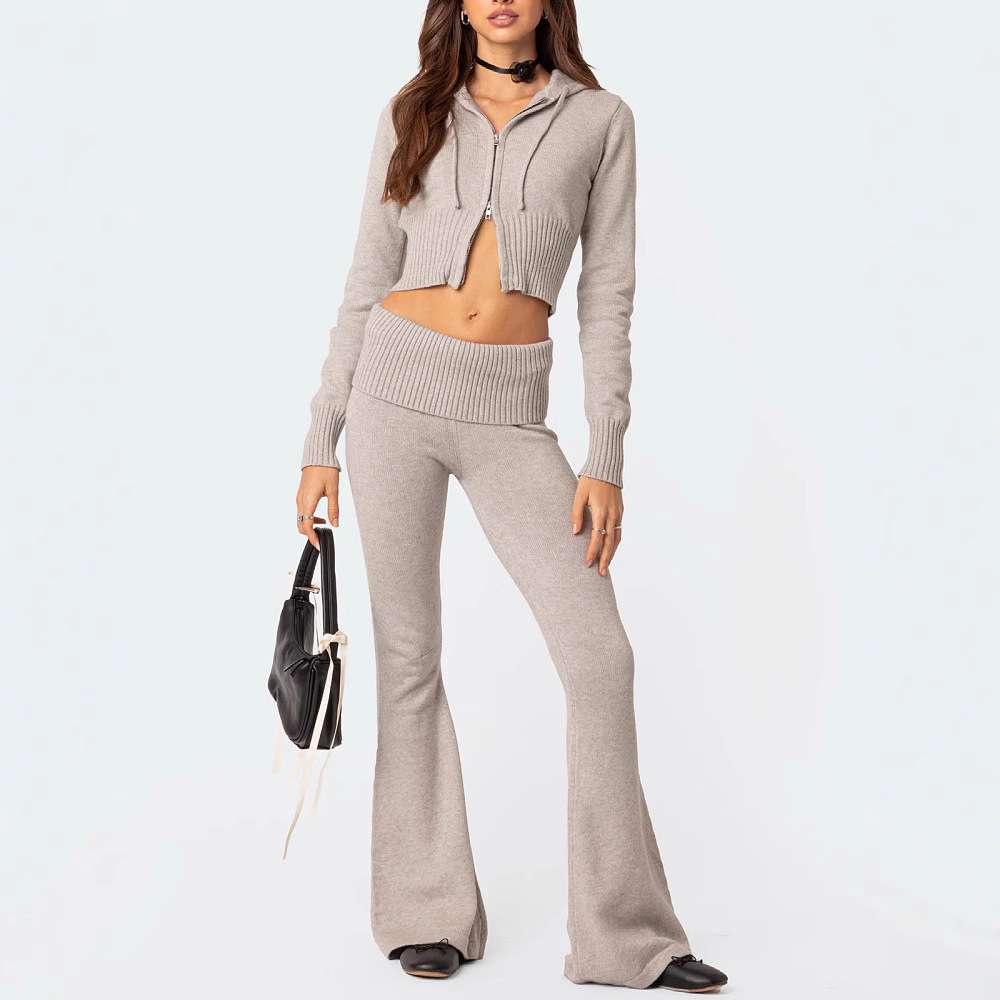 Crop Zip-up Sweater Hoodie Pants Set - S, Light Grey image