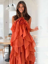 Ruffle Rose Halter Maxi Dress - M, Orange image