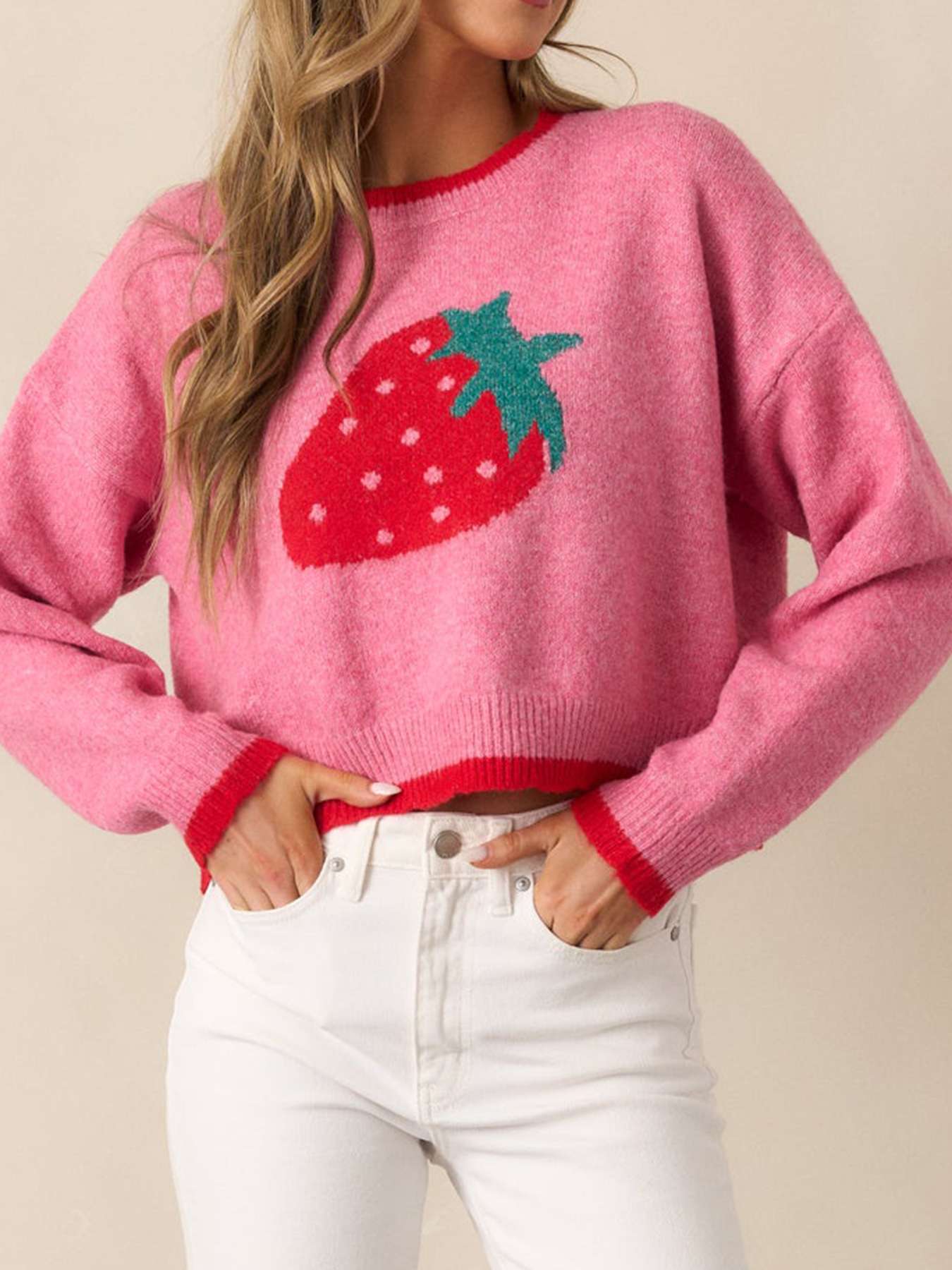 Cozy Strawberry Print Sweater - M, Rose image