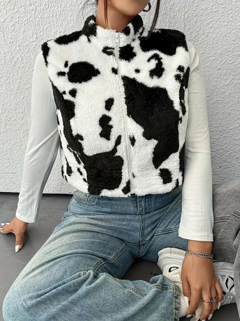 Cow Print Faux Fur Vest Jacket image 2