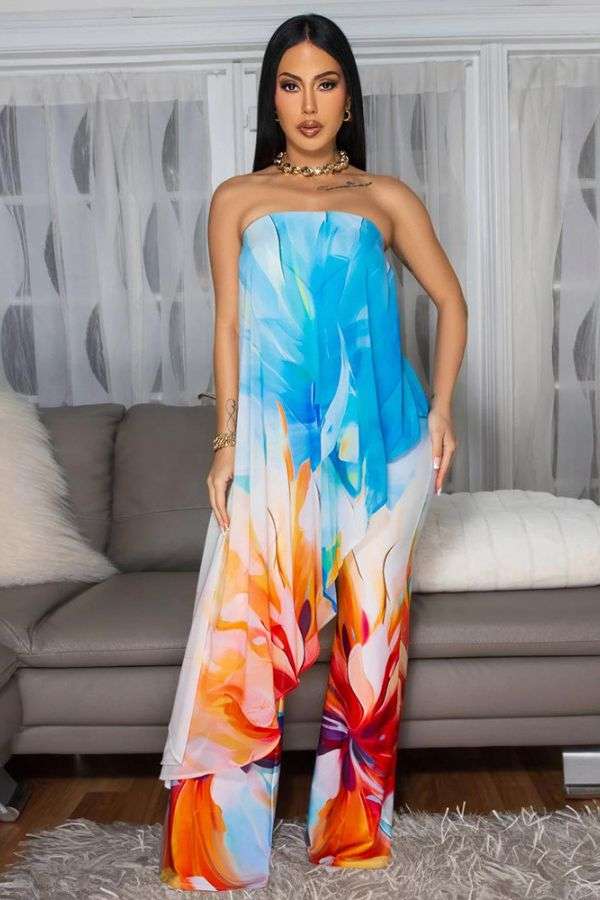 Abstract Print Strapless Top and Wide-Leg Pants image 0