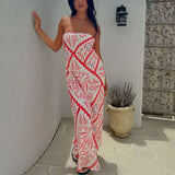 Elegant Strapless Patterned Maxi Dress - S, Red image