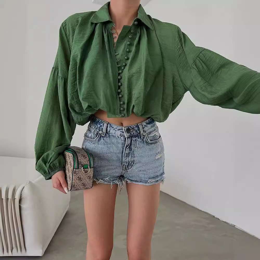 Self Design Puff Sleeve Shirt Style Top - S, Burnt Olive Green image