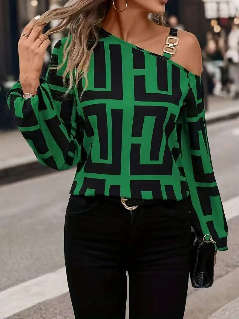 Off Shoulder Geometric Print Lon sleeve Top - Multi Green, M image