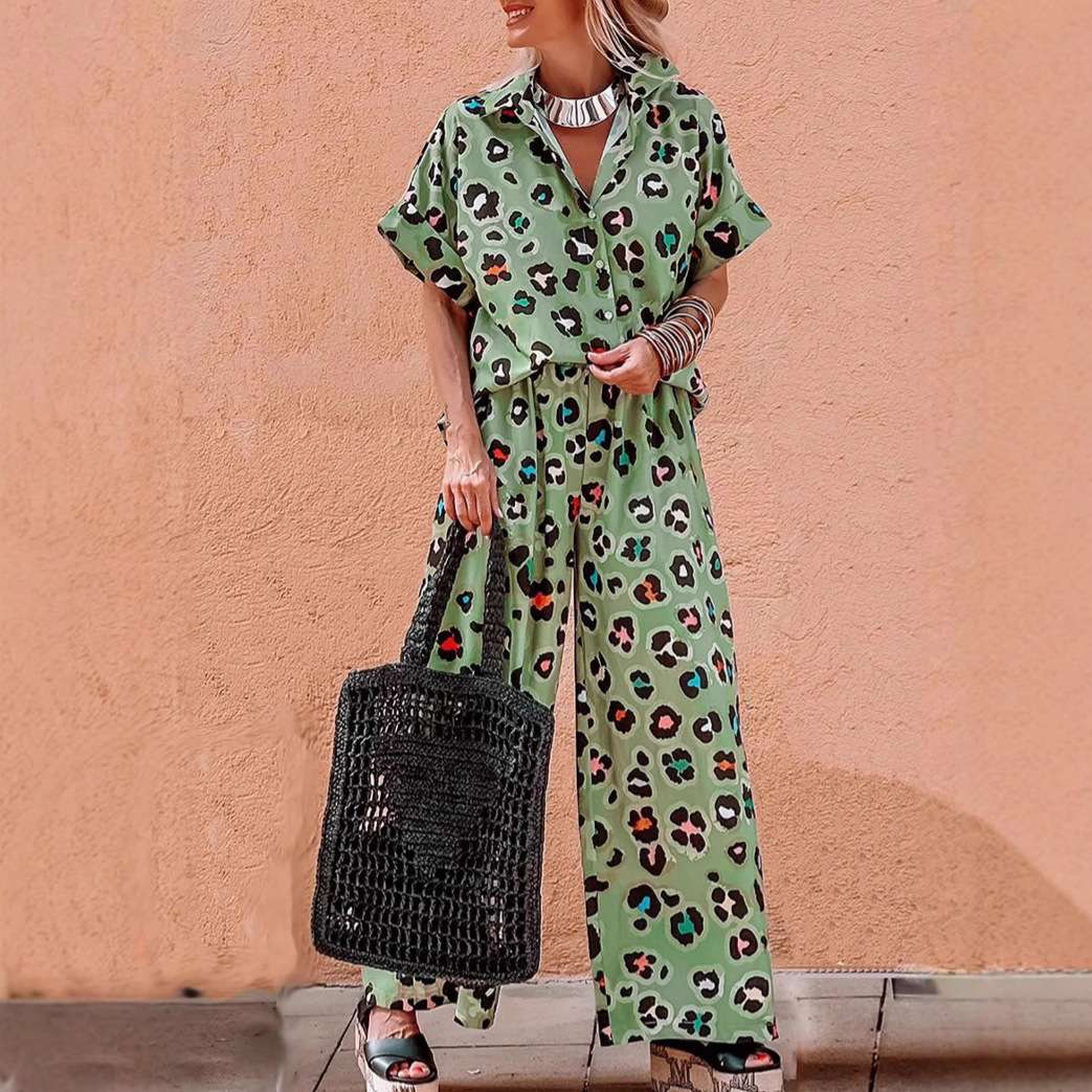 Trendy Animal Print Top & Pants Set - S, Green image