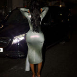 Metallic Evening Dress with Deep Plunge and High Slit image 2