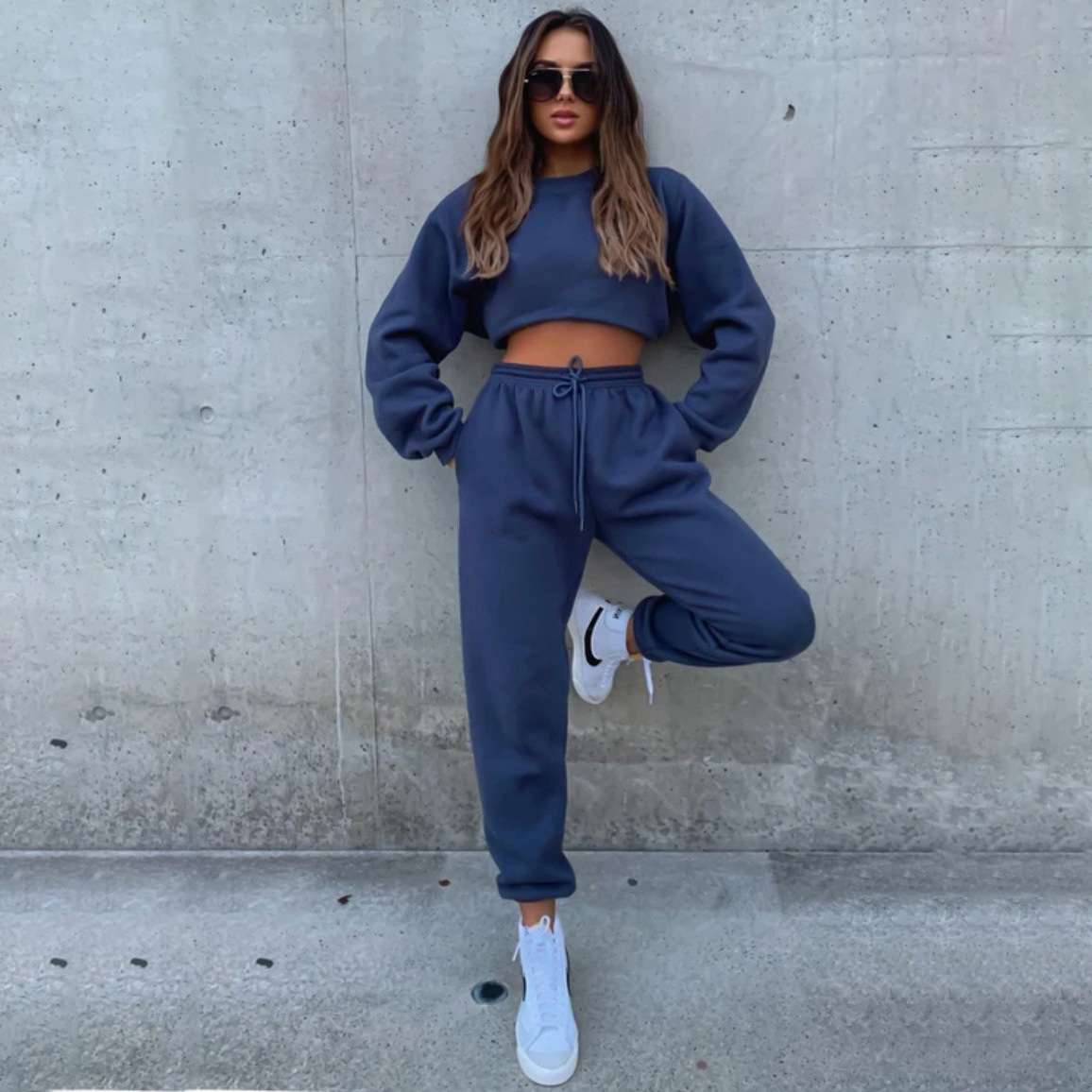 Solid Round Neck Pullover Sweatshirt and Jogger Pants - S, Deep Lake Blue image