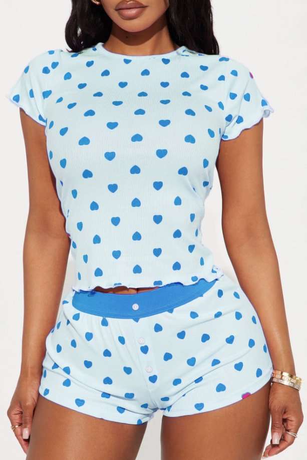Heart-Print Ribbed Pajama Set - L, Multi Blue image