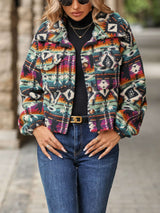Fleece Jacket Ethnic Print Long Sleeve Shacket - M, Multi Purple image