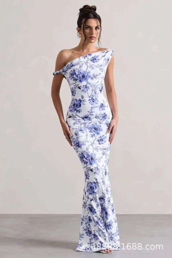 Off-Shoulder Floral Maxi Dress - M, Blue image