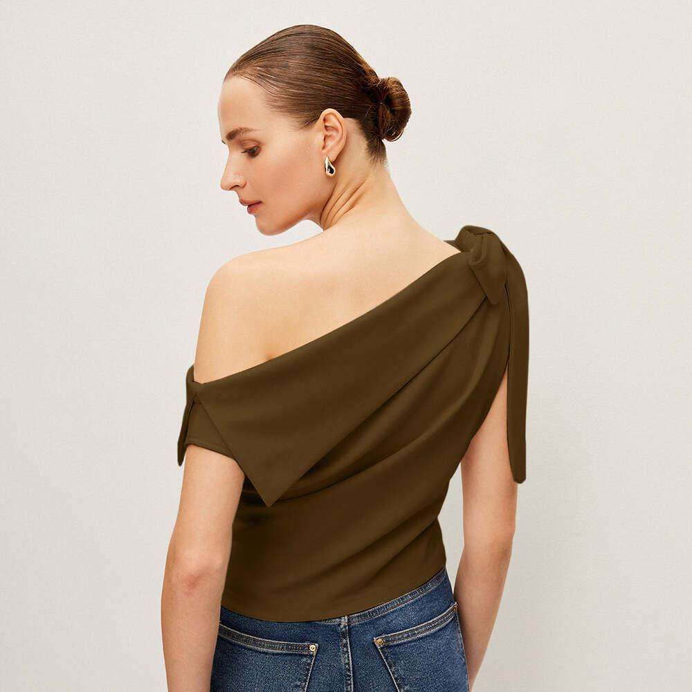 Asymmetrical Off-Shoulder Top - S, Molten Lava Brown image