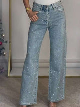 High-Waisted Wide-Leg Jeans with Embellishments - M, Blue image